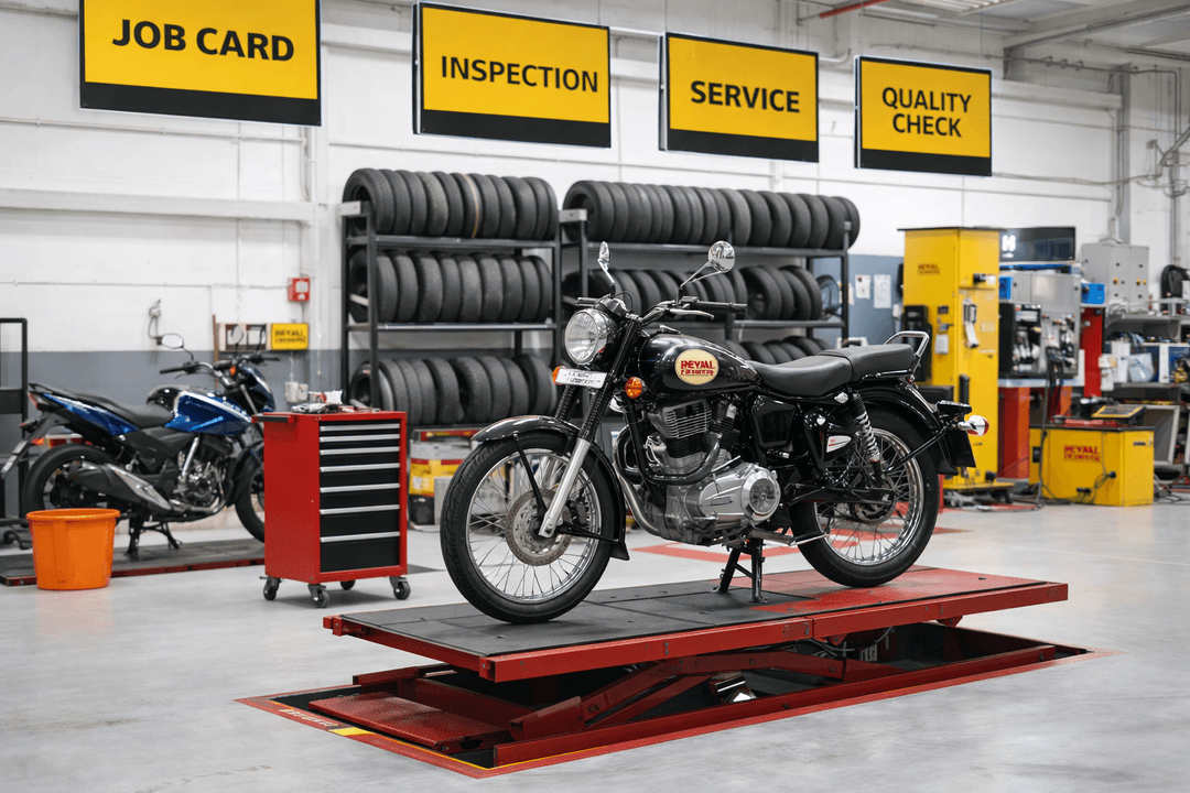 Motorcycle service bay illustration